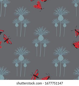 Six spot burnet butterfly seamless vector pattern background. Day flying moth with knapweed dark gray backdrop. Scottish coastal insect design. All over print for Scotland summer wildlife concept
