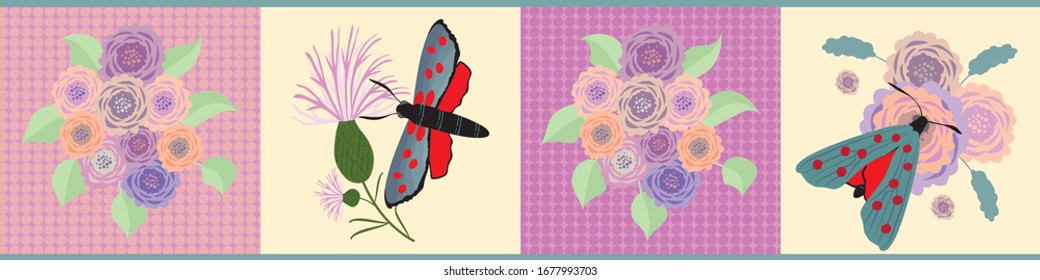 Six spot burnet butterfly seamless vector border. Day flying moth meadow flower banner. Vintage Scottish coastal insect and floral illustration. Scotland summer wildlife ribbon, edge trim, washi tape