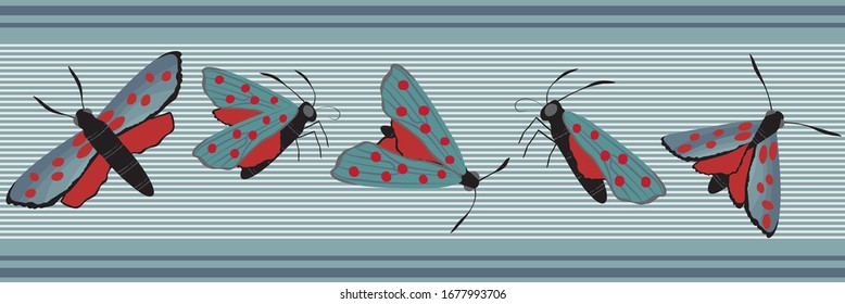 Sechs Spot-Schmetterling nahtlose Vektorillustration-Grenze. Tagesfliegendes Mottenbanner auf schiefblauen Streifen. Farbige handgezeichnete schottische Küsteninsektengrafik. Schottland Sommer Wildtierband, Randstreifen