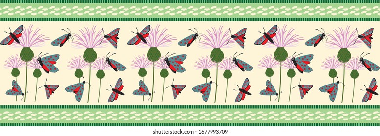 Six spot burnet butterfly seamless vector border. Day flying moth meadow flower banner. Vintage Scottish coastal insect and floral illustration. Scotland summer wildlife ribbon, edge trim, washi tape
