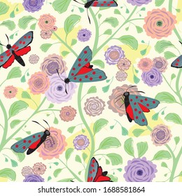 Six spot burnet butterfly seamless vector pattern background. Day flying moth Indian floral style backdrop. Scottish coastal insect all over print for Scotland summer vacation, wildlife concept.