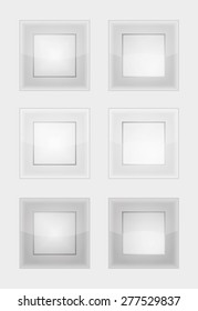 six square badges or buttons with gray or silver color, difference between left and right button is in middle part - the left middle part imitates convex and the right concave panel