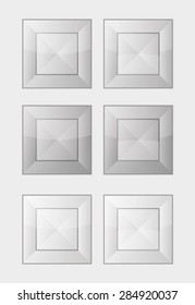 six square badges or buttons with gray or silver color, difference between left and right button is in middle part - the left middle part imitates convex and the right concave panel