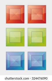 six square badges or buttons with red, green and blue color, difference between left and right button is in middle part - the left middle part imitates convex and the right concave panel