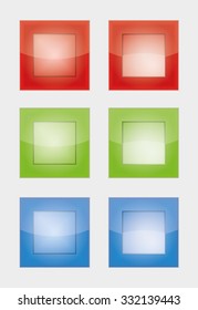 six square badges or buttons with red, green and blue color, difference between left and right button is in middle part - the left middle part imitates convex and the right concave panel