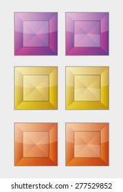 six square badges or buttons with violet, yellow and orange color, difference between left and right button is in middle part - the left middle part imitates convex and the right concave panel