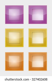 six square badges or buttons with violet, yellow and orange color, difference between left and right button is in middle part - the left middle part imitates convex and the right concave panel