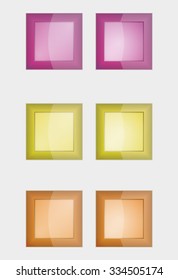 six square badges or buttons with violet, yellow and orange color, difference between left and right button is in middle part - the left middle part imitates convex and the right concave panel