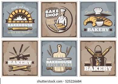 Six square bake shop compositions with bakery symbols and editable captions on gray and brown background vector illustration