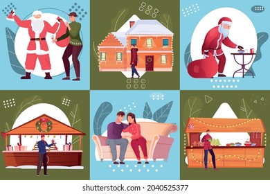 Six square compositions on merry christmas theme with outdoor souvenir stalls and santa claus with bag of gifts flat vector illustration