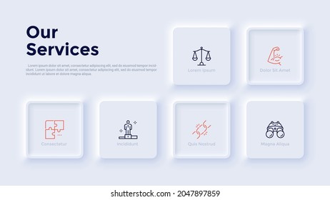 Six square elements buttons  Concept menu and 6 services business projects company to choose  Neumorphic infographic design template  Modern simple vector illustration for presentation 