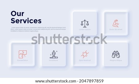 Six square elements or buttons. Concept of menu with 6 services or business projects of company to choose. Neumorphic infographic design template. Modern simple vector illustration for presentation.