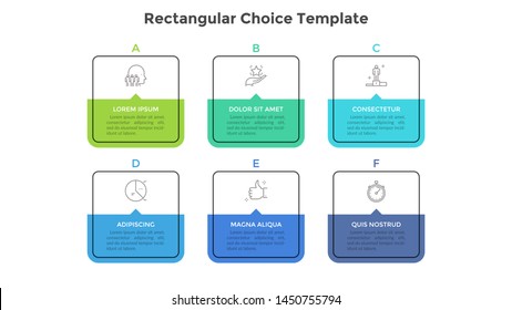 Six square elements or rectangular frames placed in horizontal row. Visualization of 6-stepped business process. Simple infographic design template. Flat vector illustration for presentation, report.