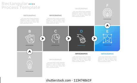 Six square elements with thin line symbols and letters inside connected by arrows. Concept of 6 stages of strategic plan. Flat infographic design template. Vector illustration for presentation.