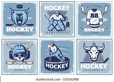 Six square hockey championship posters with old style compositions of sportsman characters mascots and various accessories vector illustration