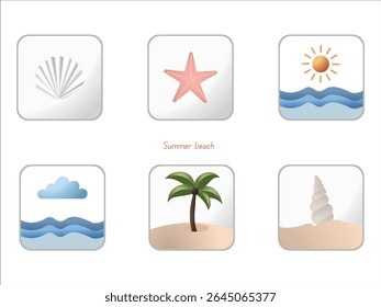 Six square icons showing typical summer beach elements including seashells, starfish, sun, waves, palm tree, and cloud, creating a vibrant beach scene