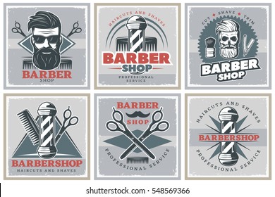 Seis afiches de estilo cuadrado con etiquetas de barbería de hipster emblemas para peinados profesionales y sombras ilustraciones vectoriales