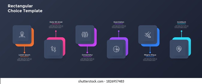 Six square paper black elements placed in horizontal row. Concept of 6 features of startup project. Minimal infographic design template. Vector illustration for business information visualization.