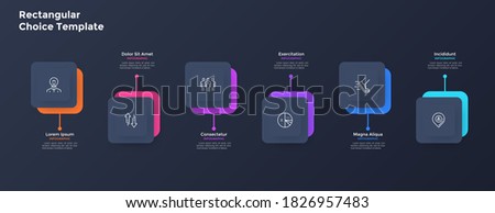 Six square paper black elements placed in horizontal row. Concept of 6 features of startup project. Minimal infographic design template. Vector illustration for business information visualization.