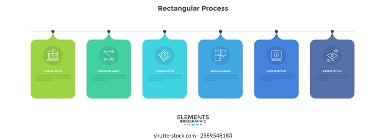 Six square paper white elements with rectangles placed in horizontal row. Concept of 6 successive steps to business project success. Modern infographic design template. Vector Illustration