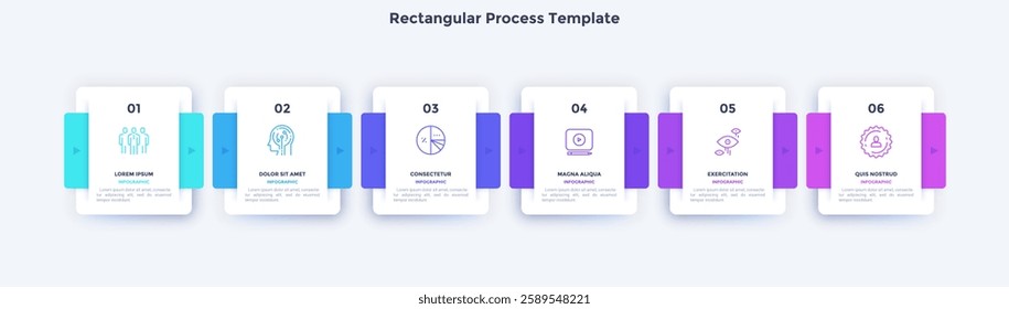 Six square paper white elements placed in horizontal row. Concept of 6 successive steps to business project success. Modern infographic design template. Simple flat vector illustration for banner.