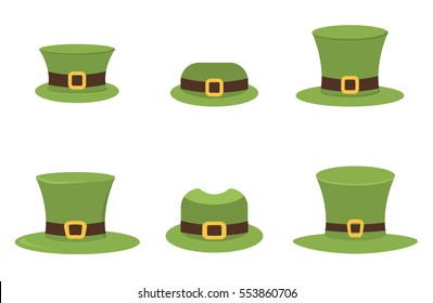 Six St. Patrick's Day hats isolated on white for easy extraction. Ireland luck march celebration leprechaun traditional holiday. Patrick green irish hat party lucky decoration.