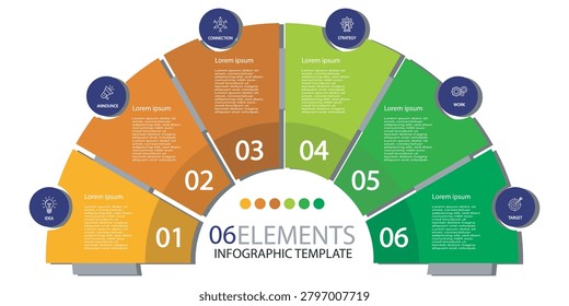 Six stage circular infographic layout with icons and labels.