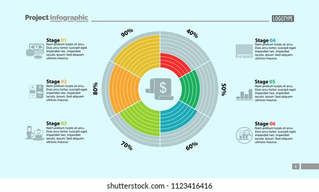 Six stages in circle diagram template. Business data. Graph, chart, design. Creative concept for infographic, report. Can be used for topics like money, finances, management