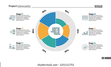 Six stages in circle diagram template. Business data. Graph, chart, design. Creative concept for infographic, report. Can be used for topics like money, finances, management