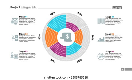 Six stages in circle diagram template. Business data. Graph, chart, design. Creative concept for infographic, report. Can be used for topics like money, finances, management