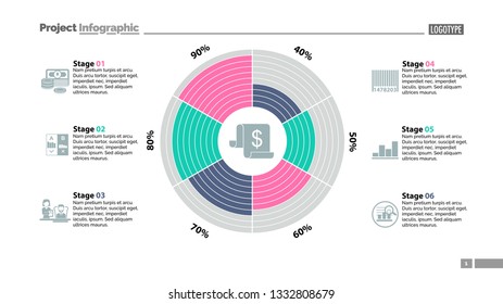 Six stages in circle diagram template. Business data. Graph, chart, design. Creative concept for infographic, report. Can be used for topics like money, finances, management