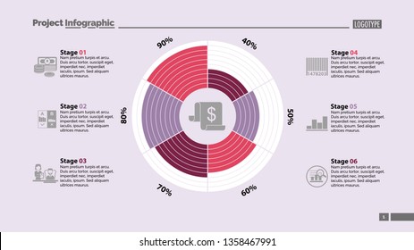 Six stages in circle diagram template. Business data. Graph, chart, design. Creative concept for infographic, report. Can be used for topics like money, finances, management