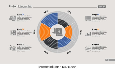Six stages in circle diagram template. Business data. Graph, chart, design. Creative concept for infographic, report. Can be used for topics like money, finances, management