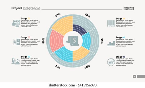 Six stages in circle diagram template. Business data. Graph, chart, design. Creative concept for infographic, report. Can be used for topics like money, finances, management