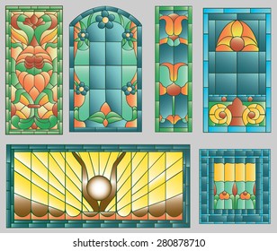 Six stained glass windows in blue style