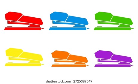 Seis silhuetas grampeadoras exibem várias cores brilhantes, do vermelho ao roxo, contra um pano de fundo branco limpo. O gráfico apresenta um estilo de vetor simples. Esta imagem é adequada para materiais educativos, promoções de material de escritório ou projetos que precisam de um elemento limpo e colorido.