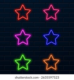 Six star rating vector in neon style design. Feedback, review and rate us concept. EPS 10 vector illustration.