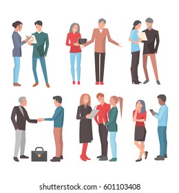 Six startup teams vector illustration. Three teams consist of man and woman make notes, shrug their shoulders and look on paper. Two men shake their hands and team of three people that discuss idea.