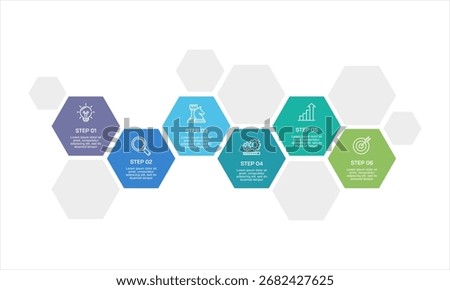 Six Step Business Process Infographic with Hexagon Design. Modern Hexagonal, Presentation, Report and Plan. Vector illustration.