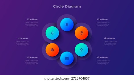 Six Step Circle Diagram. 6 Step Gradient Infographic Template for Presentation, Process Mapping and Business Flow Visualization