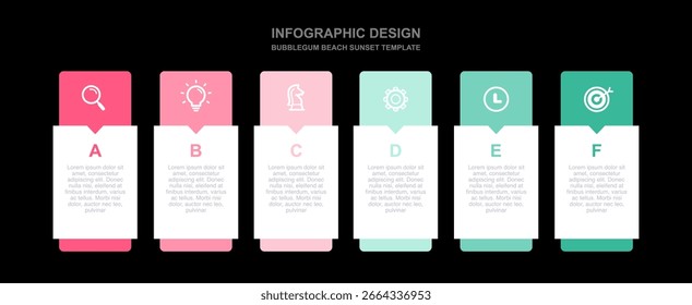 Infografía colorida de seis pasos con etiquetas e iconos redondeados. Diseño moderno de la línea de tiempo del negocio para la estrategia, la planificación y el marketing. Bubblegum Beach Sunset tema.