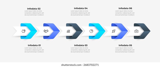 Línea de tiempo Horizontal de seis pasos. Un diseño infográfico moderno que destaca el progreso, la colaboración y el crecimiento del negocio a través de imágenes claras y marcadores de etapa distintos