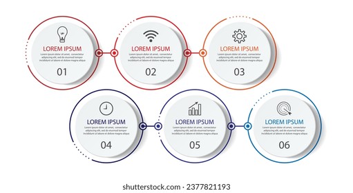 six step infographic design, simple design, lines, colors, icons, 6 parts, suitable for your business presentation