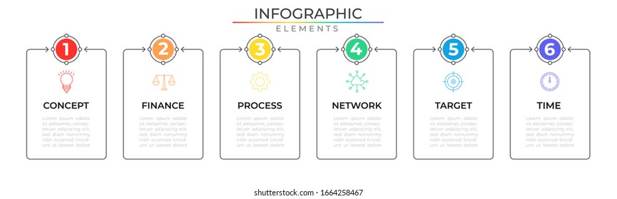 Six step infographic design template with icons. Vector for company and corporate business project and presentation. Eps 10