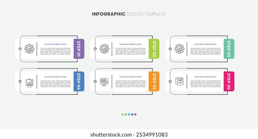 Plantilla de diseño de etiquetas de infografía de seis pasos con iconos de línea. diagrama de pasos de proceso, presentaciones, diseño de flujo de trabajo, Anuncio, diagrama de flujo, infografía