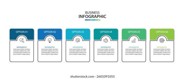 Six Step Infographic label design Vector template with line icons.