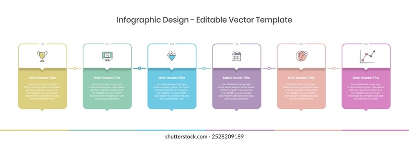 six step Infographics Design Template, Chart diagram, Graph, Pie chart, workflow layout, squire diagram, presentation design elements Editable Vector illustration, Process diagram in white background