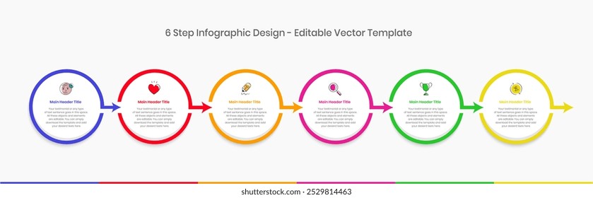 six Step Plantilla de diseño de infografías, Diagrama de gráfico, Gráfico, Diagrama circular, Diagrama circular, Informe, Elementos de diseño de presentación editables, Diagrama de proceso en fondo blanco