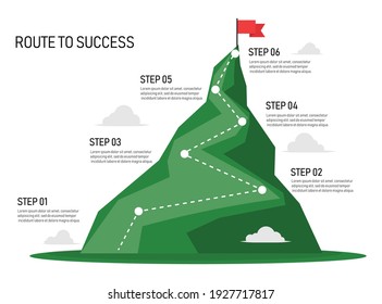 Six step mountain infographic. Path to top of mountain. Business strategy to success. climbing route to goal. business and achievement concept. vector illustration in flat style modern design.