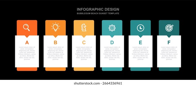 Design infográfico de gradiente pastel de seis etapas com ícones planos. Layout de processo criativo para marketing, plano de negócios e apresentação. Bubblegum Beach Sunset tema.